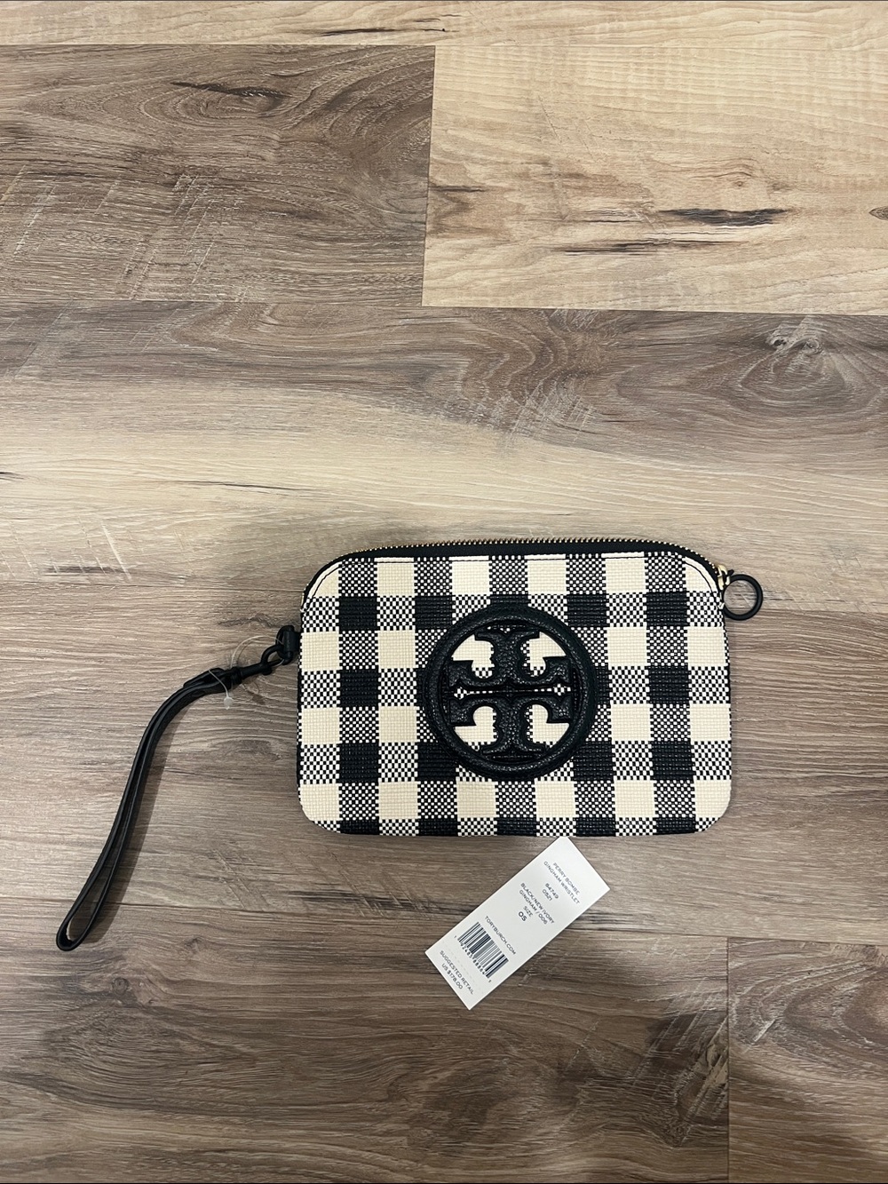 Tory Burch Black & White Gingham Logo Wristlet